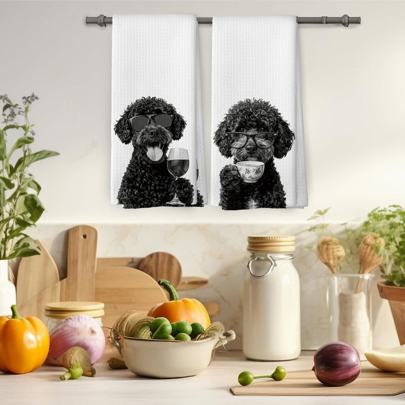 Mcehtle Funny Portuguese Water Dog Kitchen Towels Set of 2, Funny Dog Kitchen Accessories, Coffee Wine Station Decor, Chef Gift Hand Towel, Dining Room Decorative Tea Towel Dish Towels 16x24 Inch - Image 4